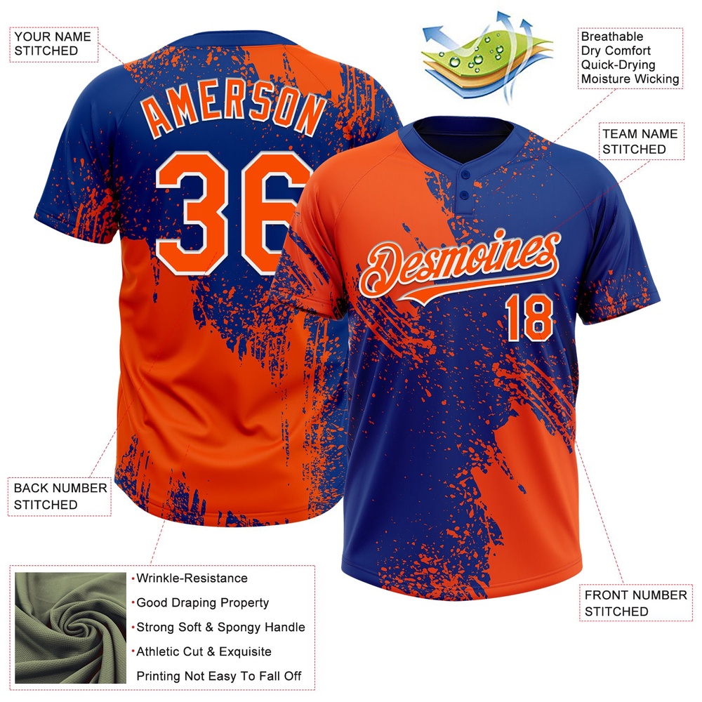 Orange Royal White 3D Pattern Abstract Brush Stroke Two Button Unisex Softball Jersey, Custom Team Softball Jersey