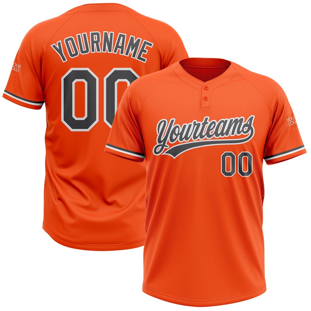 Orange Steel Gray White Two Button Unisex Softball Jersey, Custom Team Softball Jersey