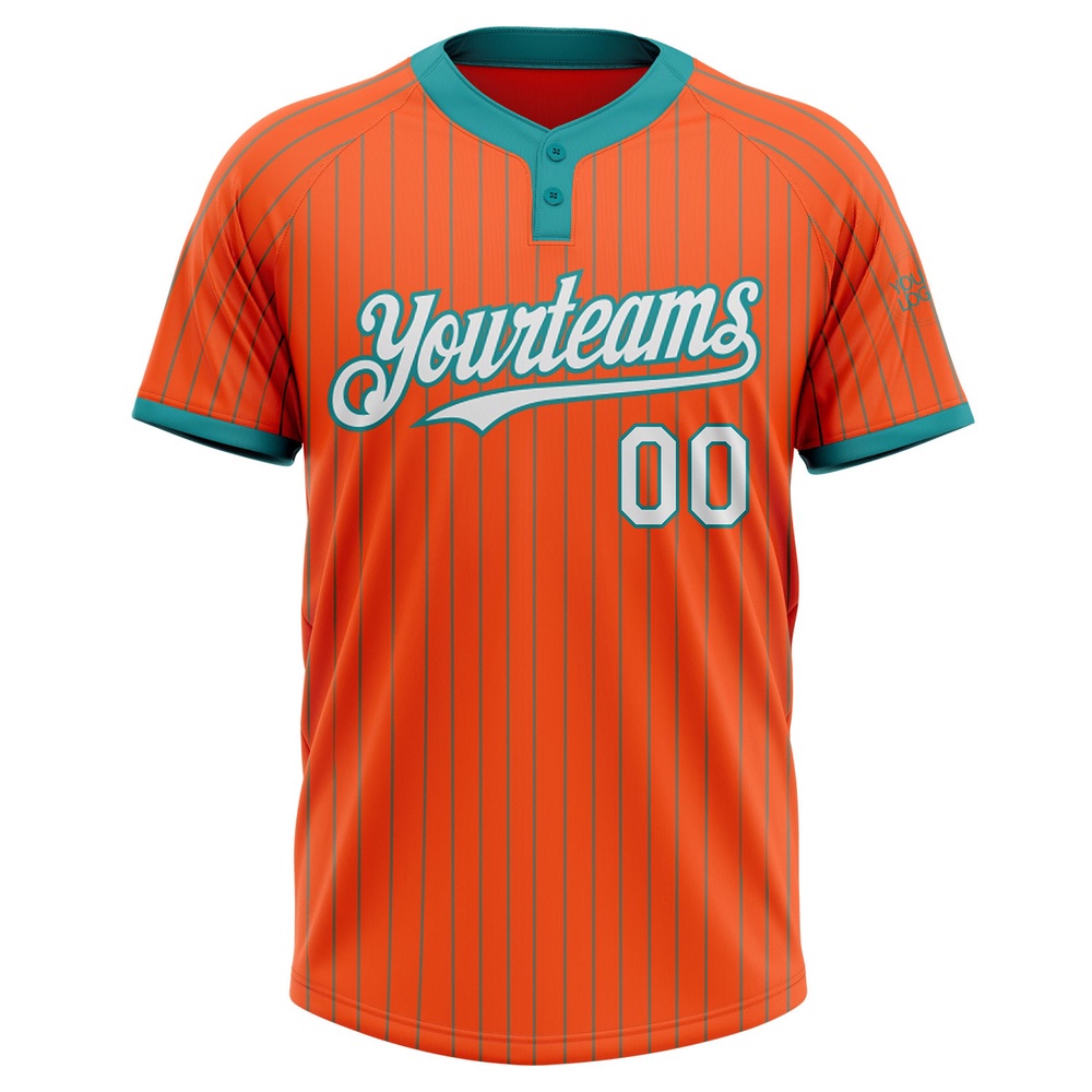 Orange Teal Pinstripe White Two Button Unisex Softball Jersey, Custom Team Softball Jersey