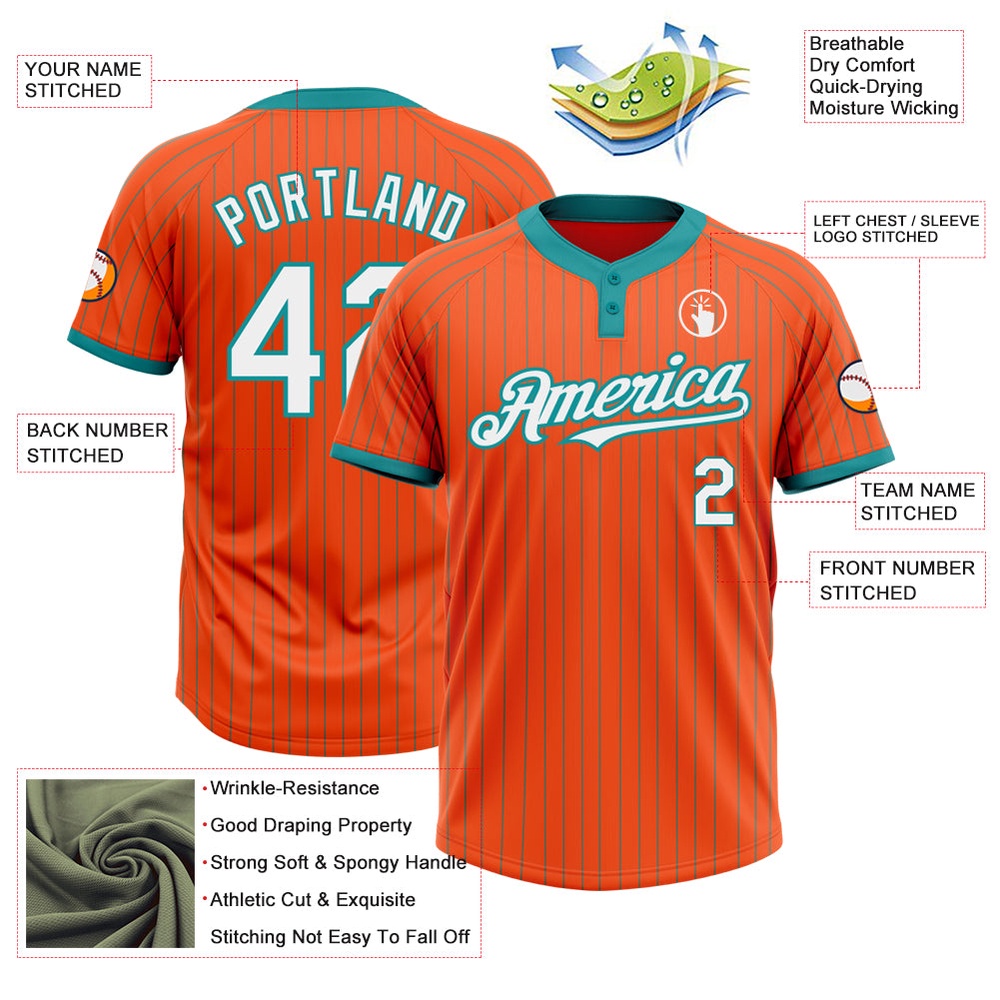 Orange Teal Pinstripe White Two Button Unisex Softball Jersey, Custom Team Softball Jersey