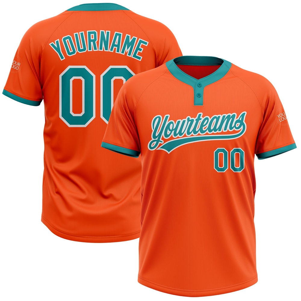 Orange Teal White Two Button Unisex Softball Jersey, Custom Team Softball Jersey