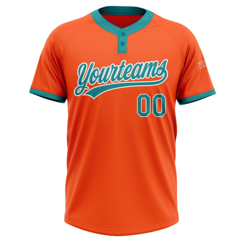 Orange Teal White Two Button Unisex Softball Jersey, Custom Team Softball Jersey