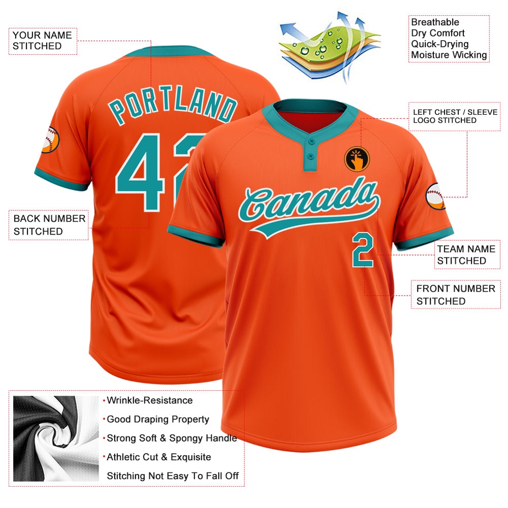 Orange Teal White Two Button Unisex Softball Jersey, Custom Team Softball Jersey