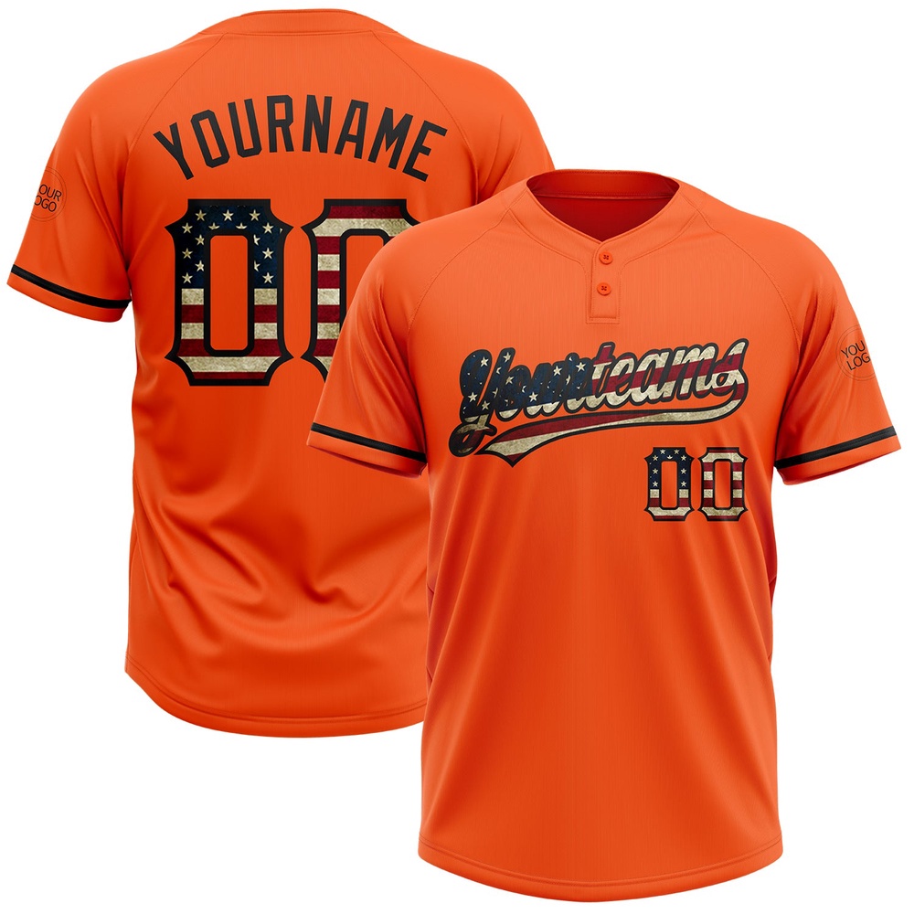 Orange Vintage USA Flag Black Two Button Unisex Softball Jersey, Custom Team Softball Jersey