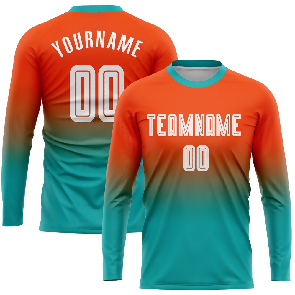 Orange White Aqua Sublimation Long Sleeve Fade Fashion Soccer Uniform Jersey, Custom Team Soccer Jersey Shirt
