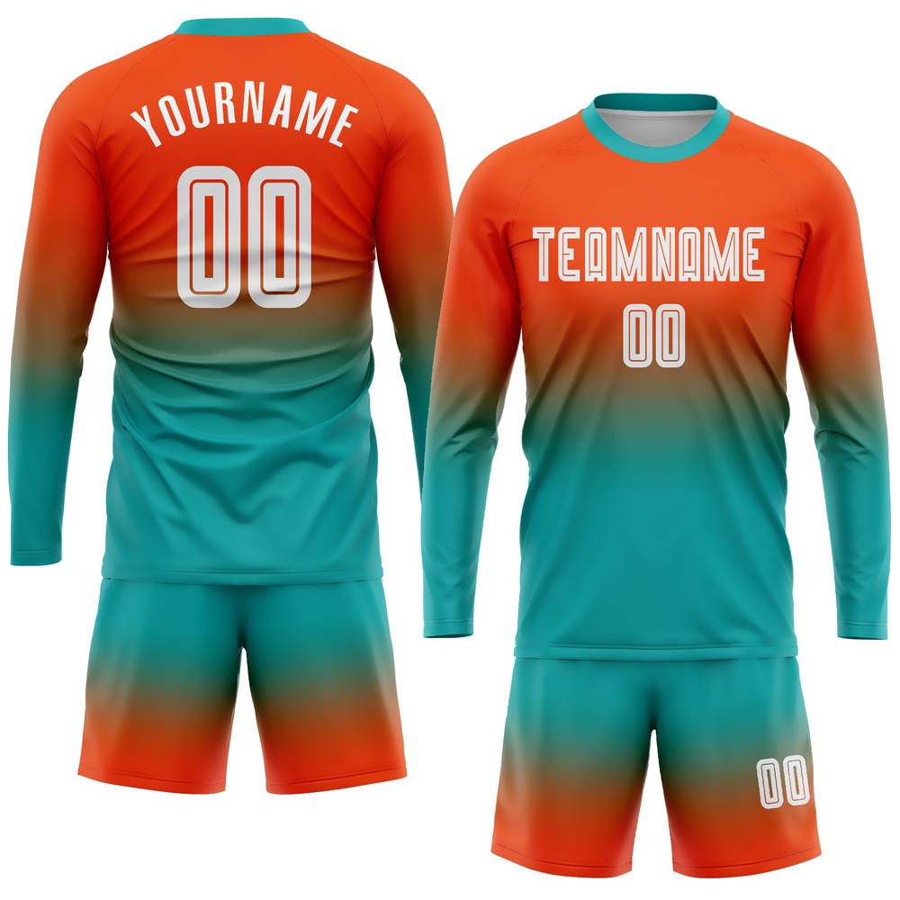 Orange White Aqua Sublimation Long Sleeve Fade Fashion Soccer Uniform Jersey, Custom Team Soccer Jersey Shirt
