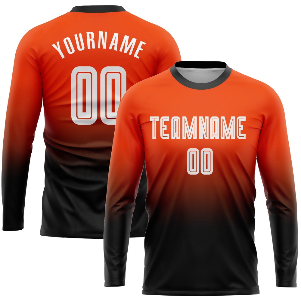 Orange White Black Sublimation Long Sleeve Fade Fashion Soccer Uniform Jersey, Custom Team Soccer Jersey Shirt