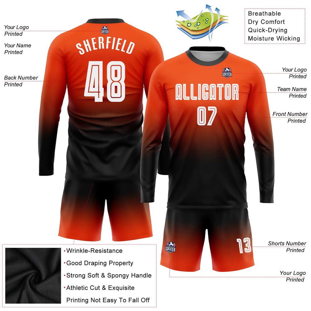Orange White Black Sublimation Long Sleeve Fade Fashion Soccer Uniform Jersey, Custom Team Soccer Jersey Shirt