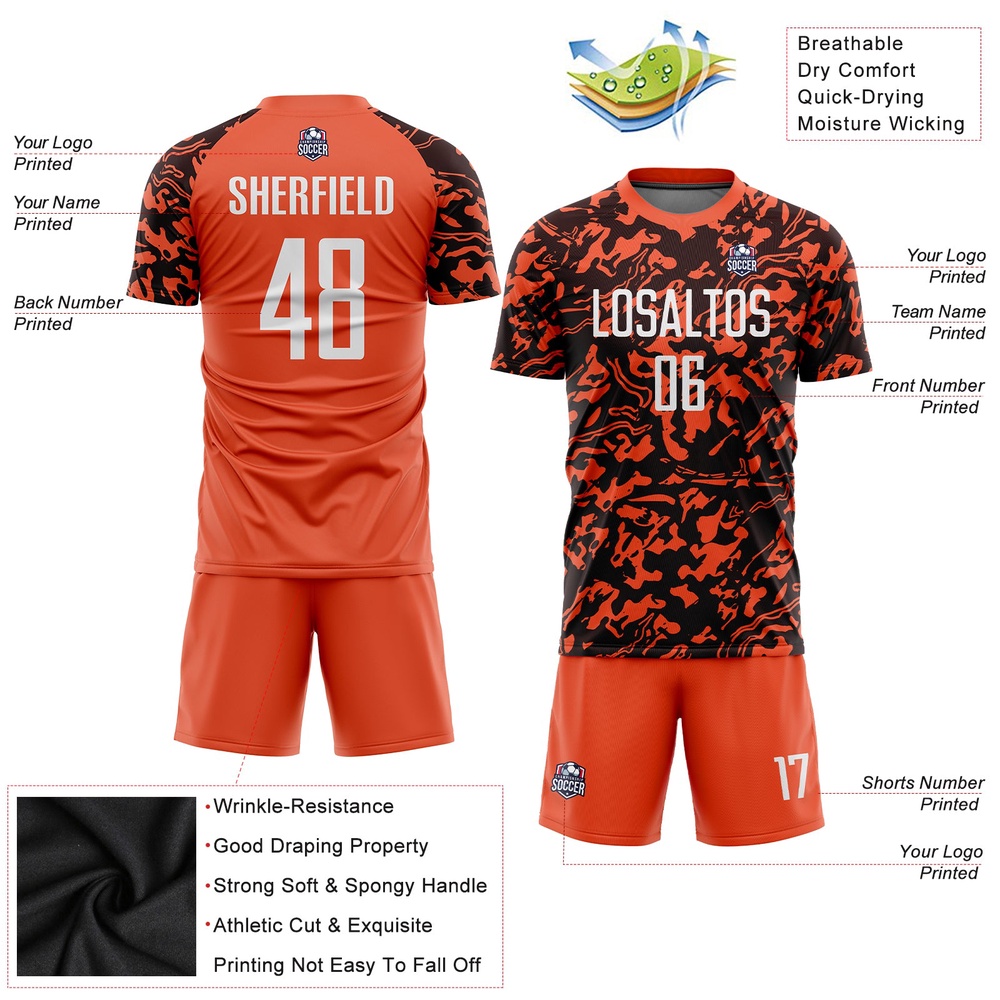 Orange White Black Sublimation Soccer Uniform Jersey, Custom Team Soccer Jersey Shirt Orange White Black Sublimation Soccer Uniform Jersey, Custom Team Soccer Jersey Shirt