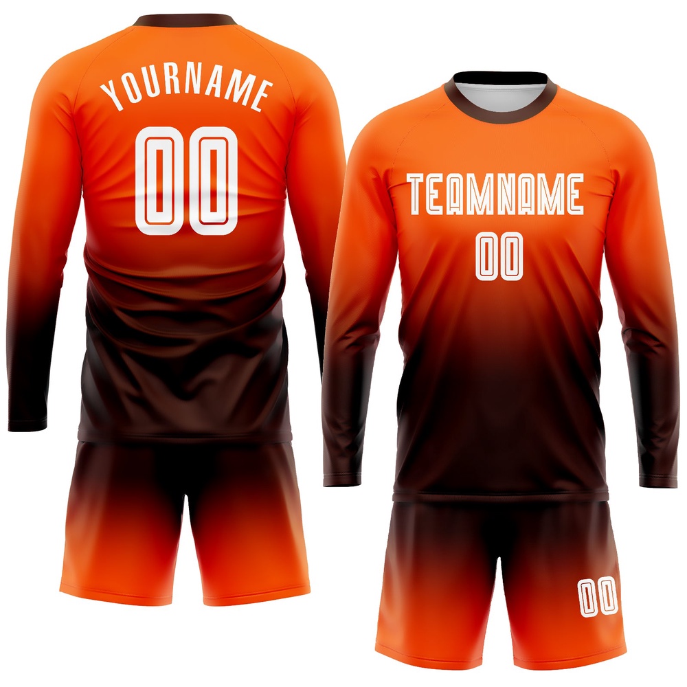 Orange White Brown Sublimation Long Sleeve Fade Fashion Soccer Uniform Jersey, Custom Team Soccer Jersey Shirt