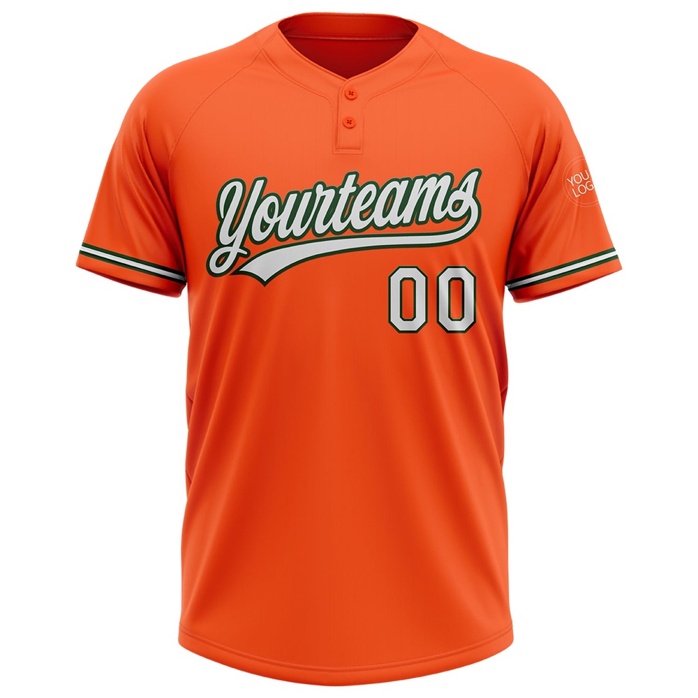 Orange White Green Two Button Unisex Softball Jersey, Custom Team Softball Jersey
