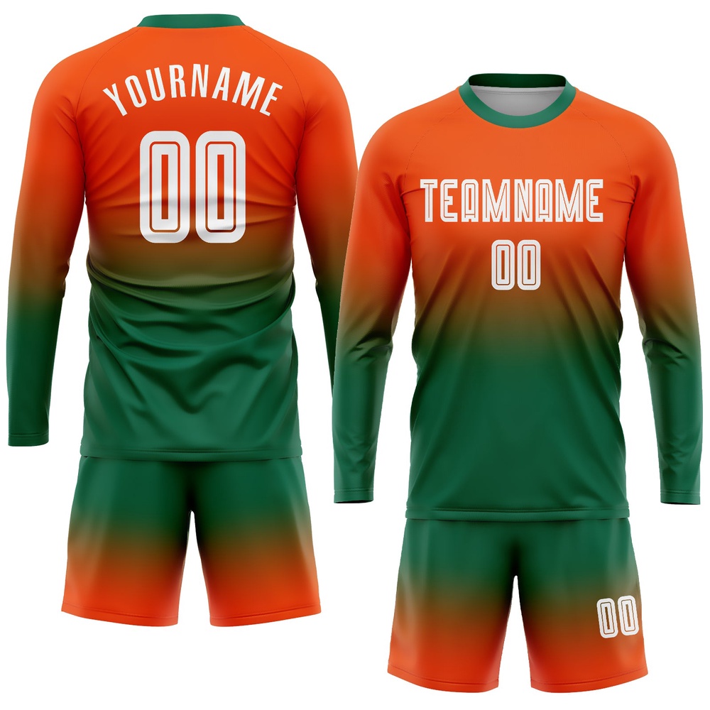 Orange White Kelly Green Sublimation Long Sleeve Fade Fashion Soccer Uniform Jersey, Custom Team Soccer Jersey Shirt Orange White Kelly Green Sublimation Long Sleeve Fade Fashion Soccer Uniform Jersey, Custom Team Soccer Jersey Shirt