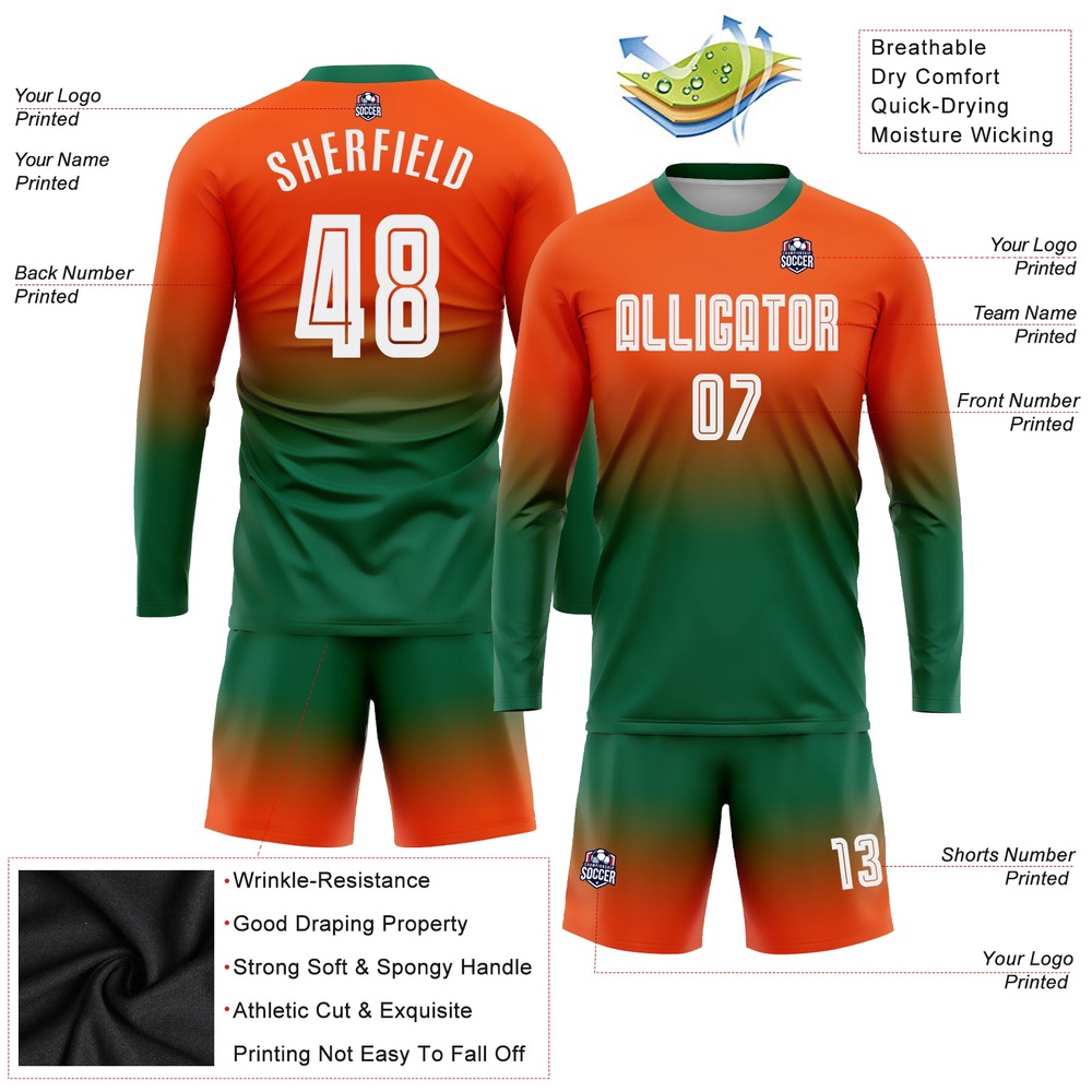 Orange White Kelly Green Sublimation Long Sleeve Fade Fashion Soccer Uniform Jersey, Custom Team Soccer Jersey Shirt Orange White Kelly Green Sublimation Long Sleeve Fade Fashion Soccer Uniform Jersey, Custom Team Soccer Jersey Shirt