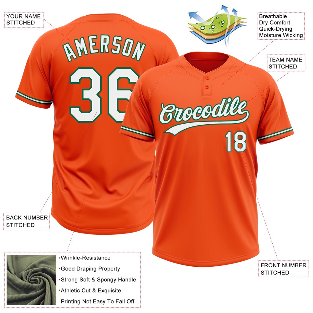 Orange White Kelly Green Two Button Unisex Softball Jersey, Custom Team Softball Jersey