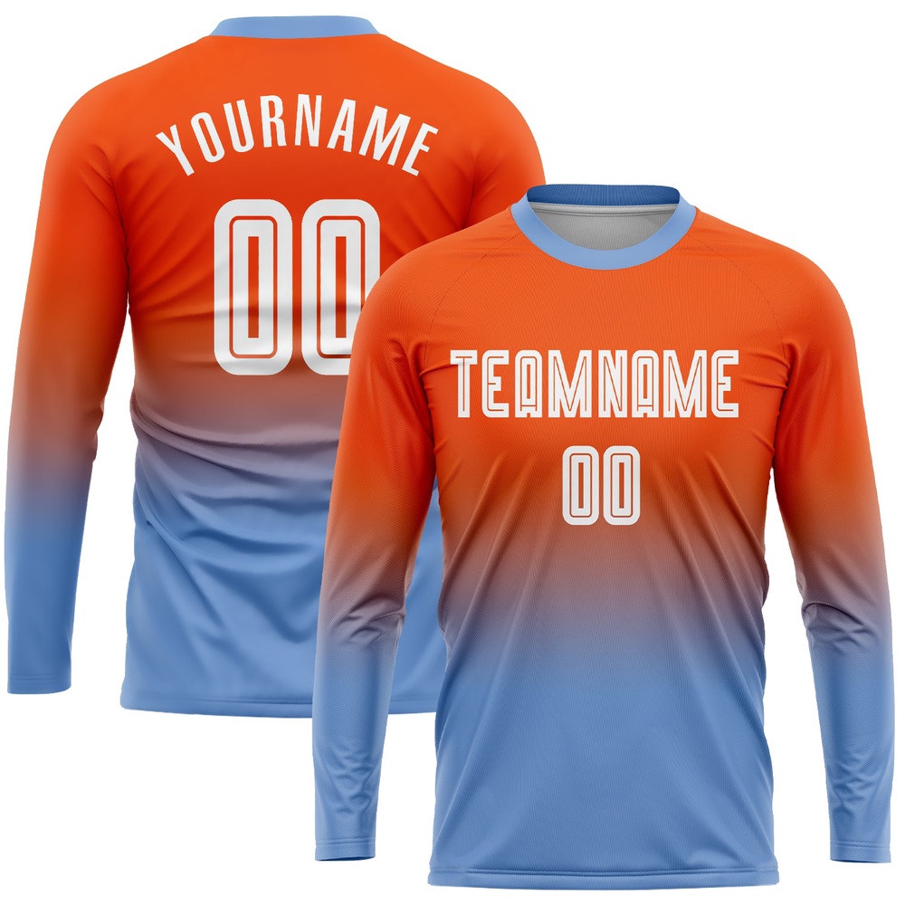 Orange White Light Blue Sublimation Long Sleeve Fade Fashion Soccer Uniform Jersey, Custom Team Soccer Jersey Shirt Orange White Light Blue Sublimation Long Sleeve Fade Fashion Soccer Uniform Jersey, Custom Team Soccer Jersey Shirt