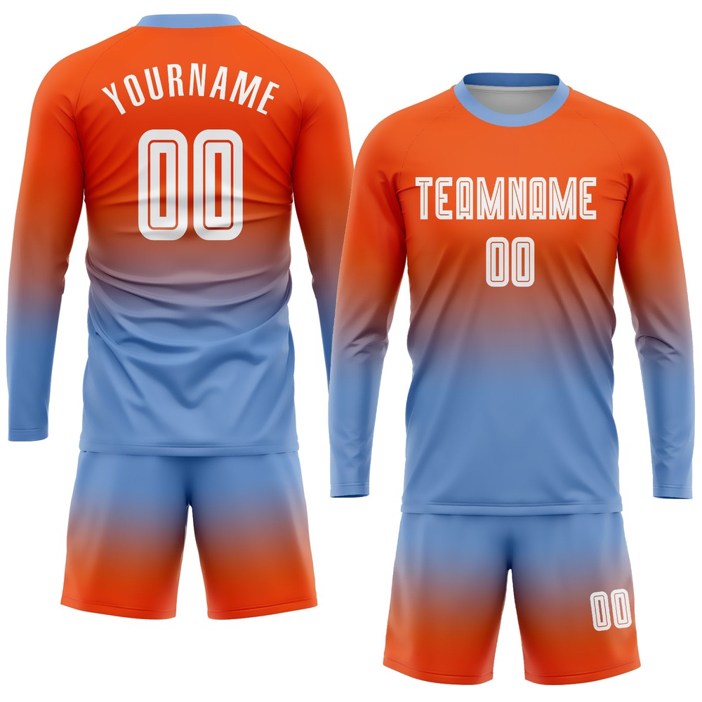 Orange White Light Blue Sublimation Long Sleeve Fade Fashion Soccer Uniform Jersey, Custom Team Soccer Jersey Shirt Orange White Light Blue Sublimation Long Sleeve Fade Fashion Soccer Uniform Jersey, Custom Team Soccer Jersey Shirt