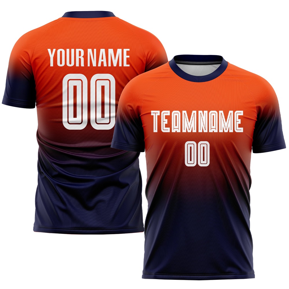 Orange White Navy Sublimation Fade Fashion Soccer Uniform Jersey, Custom Team Soccer Jersey Shirt Orange White Navy Sublimation Fade Fashion Soccer Uniform Jersey, Custom Team Soccer Jersey Shirt