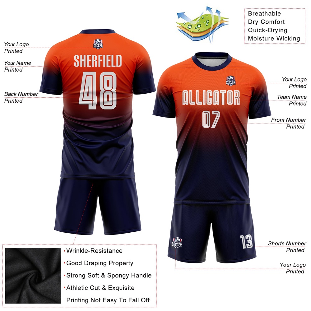 Orange White Navy Sublimation Fade Fashion Soccer Uniform Jersey, Custom Team Soccer Jersey Shirt Orange White Navy Sublimation Fade Fashion Soccer Uniform Jersey, Custom Team Soccer Jersey Shirt