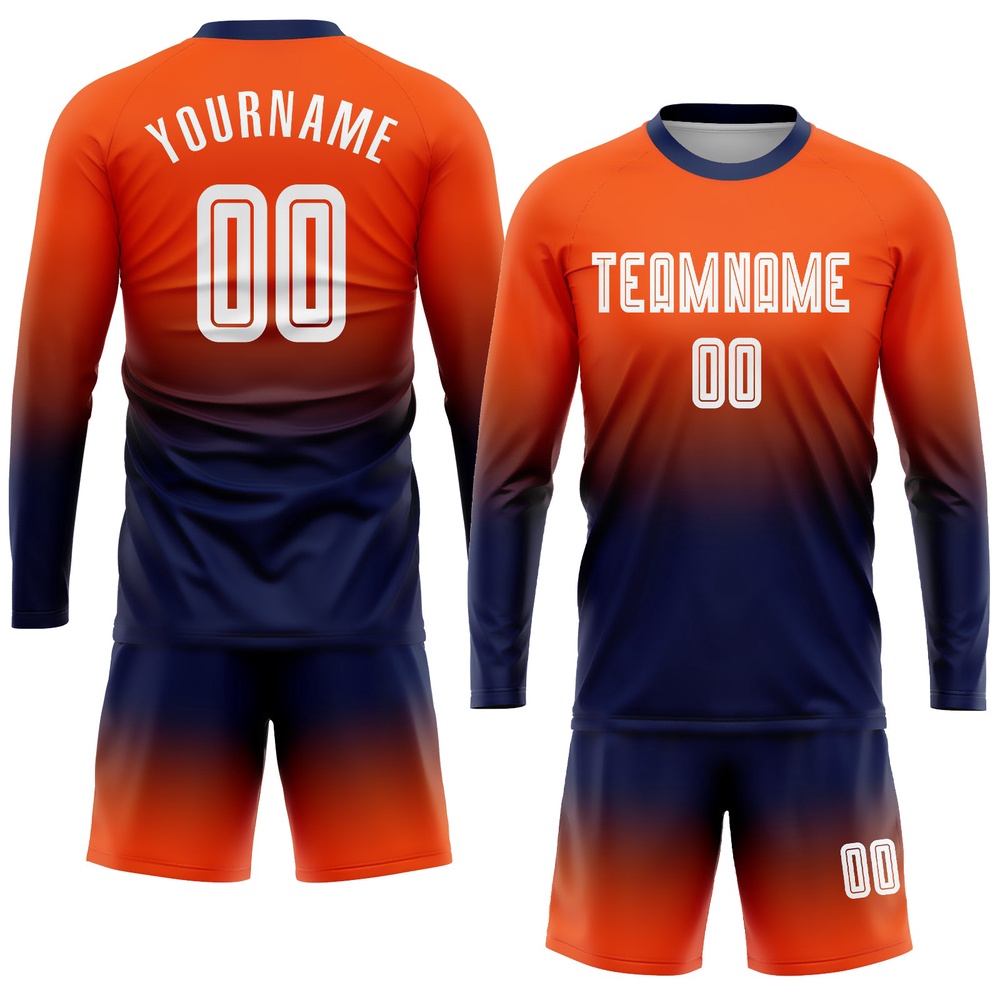 Orange White Navy Sublimation Long Sleeve Fade Fashion Soccer Uniform Jersey, Custom Team Soccer Jersey Shirt Orange White Navy Sublimation Long Sleeve Fade Fashion Soccer Uniform Jersey, Custom Team Soccer Jersey Shirt
