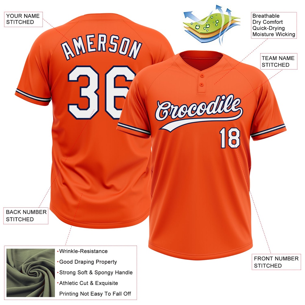 Orange White Navy Two Button Unisex Softball Jersey, Custom Team Softball Jersey