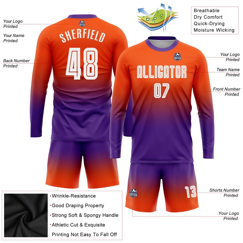 Orange White Purple Sublimation Long Sleeve Fade Fashion Soccer Uniform Jersey, Custom Team Soccer Jersey Shirt