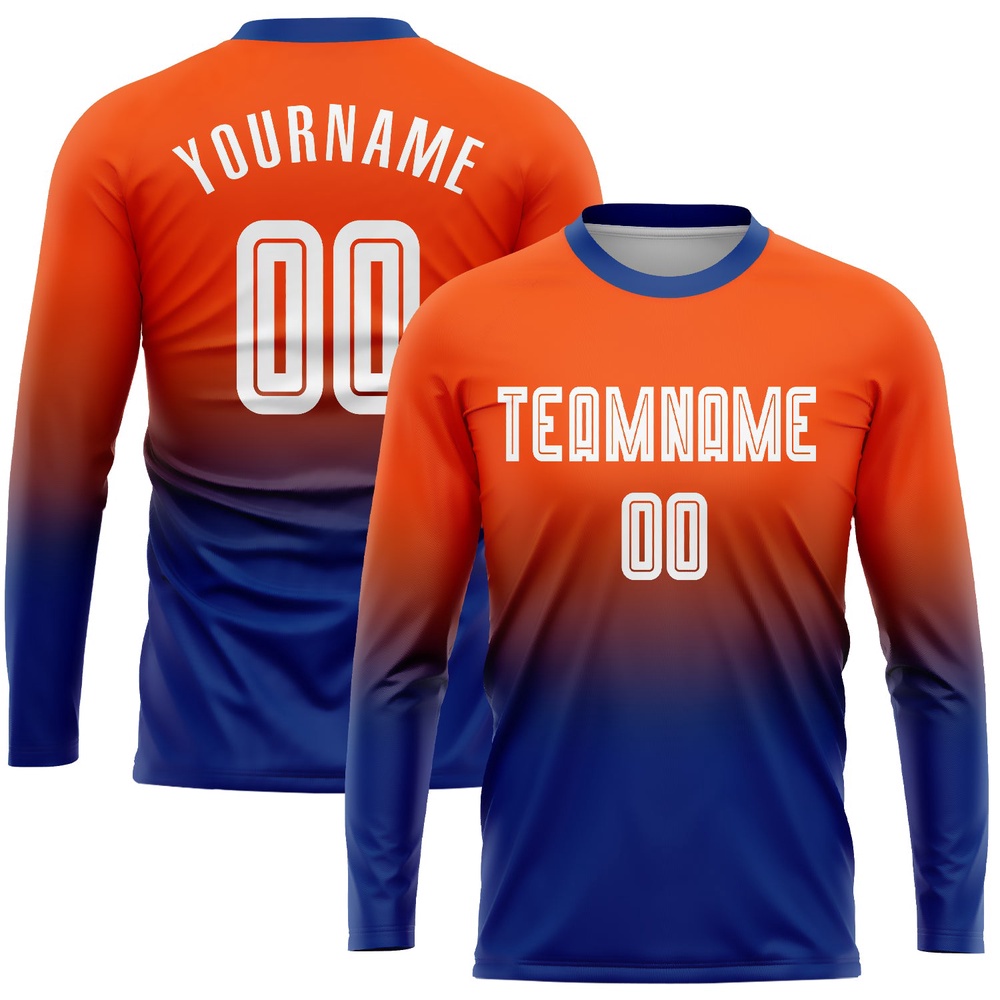 Orange White Royal Sublimation Long Sleeve Fade Fashion Soccer Uniform Jersey, Custom Team Soccer Jersey Shirt