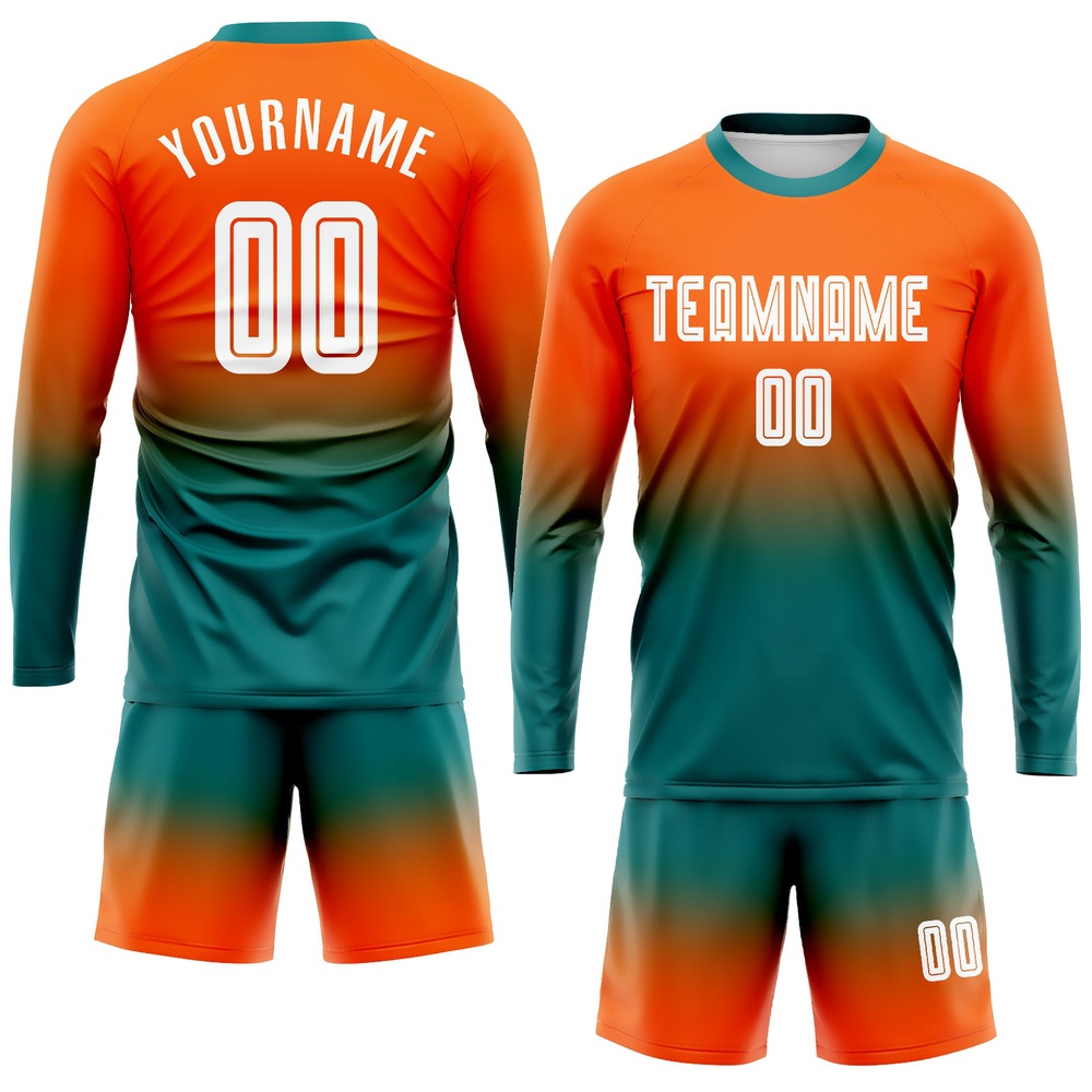 Orange White Teal Sublimation Long Sleeve Fade Fashion Soccer Uniform Jersey, Custom Team Soccer Jersey Shirt