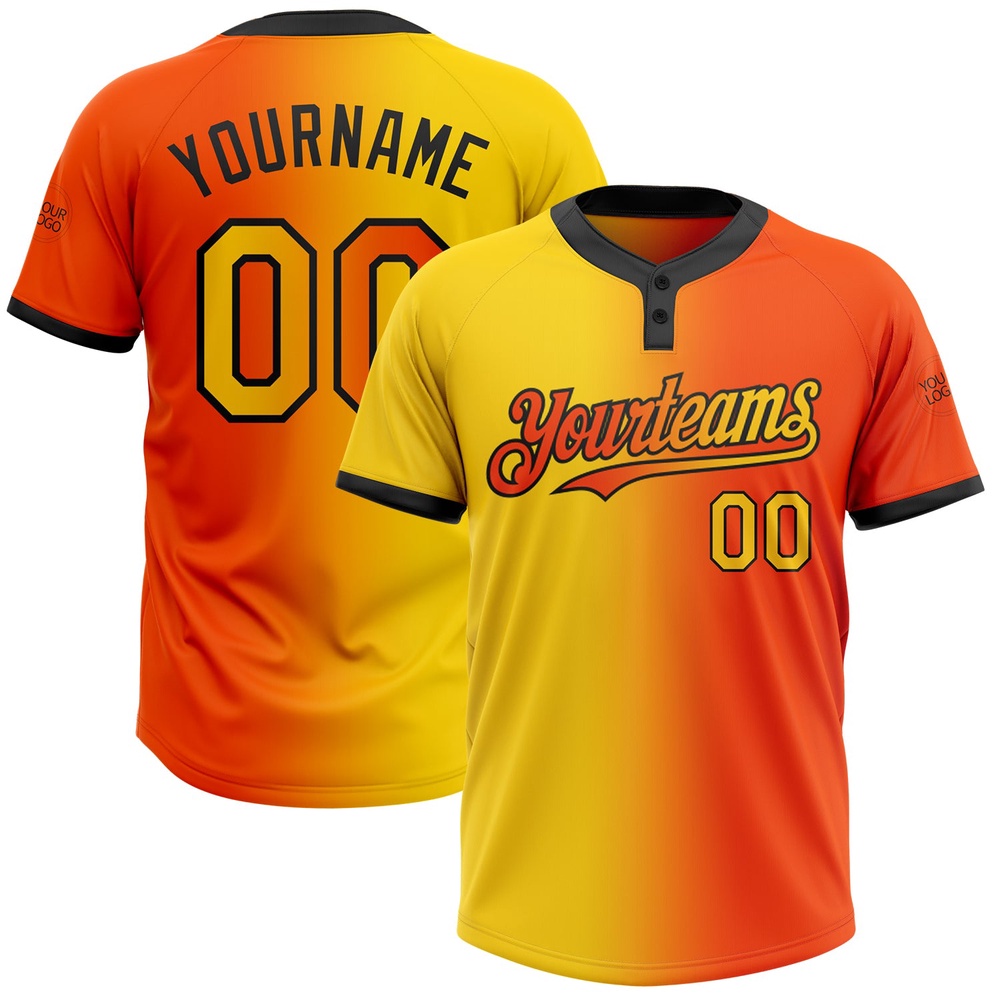 Orange Yellow Black Gradient Fashion Two Button Unisex Softball Jersey, Custom Team Softball Jersey