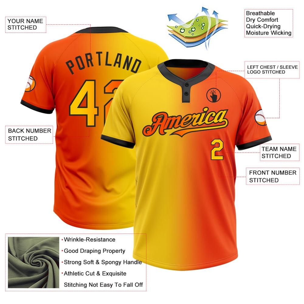 Orange Yellow Black Gradient Fashion Two Button Unisex Softball Jersey, Custom Team Softball Jersey