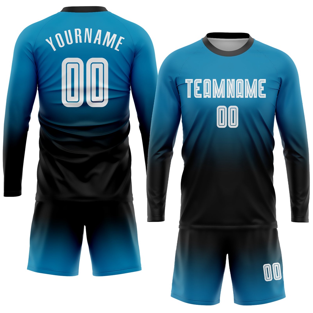 Panther Blue White Black Sublimation Long Sleeve Fade Fashion Soccer Uniform Jersey, Custom Team Soccer Jersey Shirt