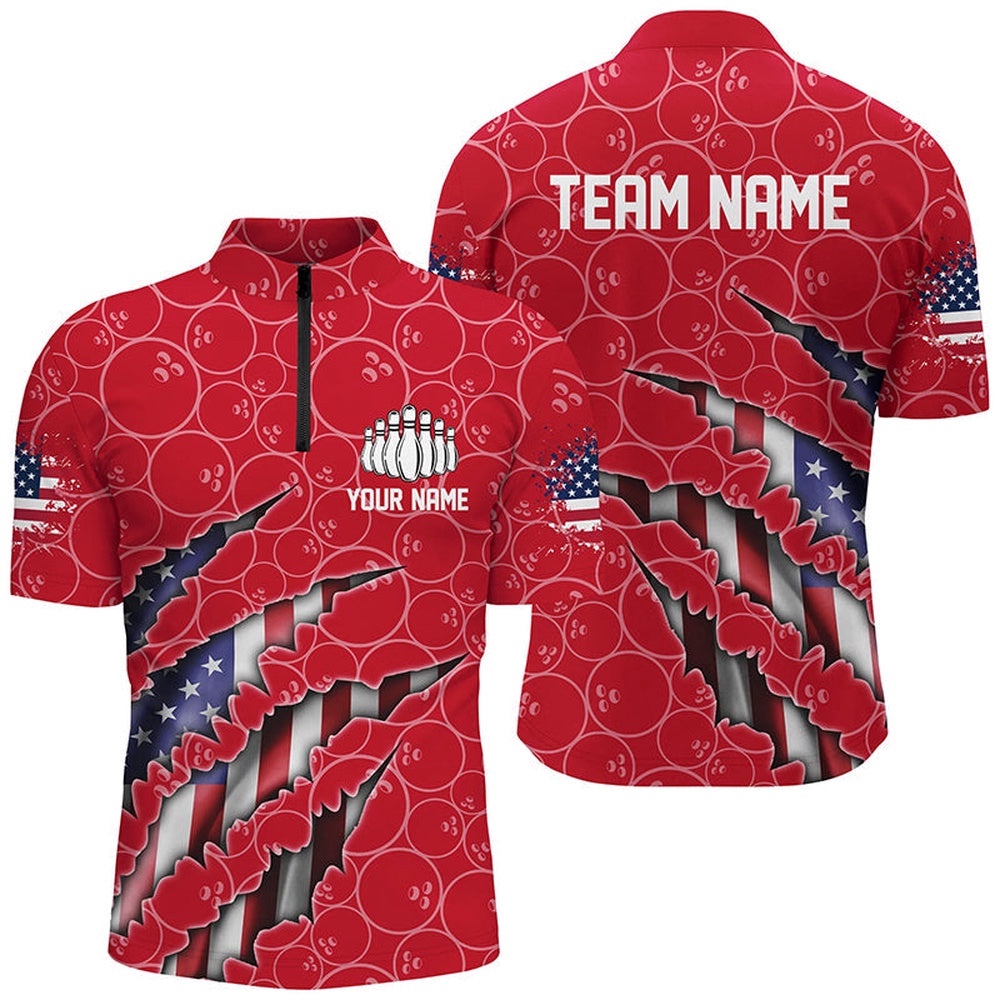 Patriotic Bowling Zip Shirts For Men, American Flag Bowling Uniform Bowlers Outfit Red, Custom Bowling Team Jersey Shirt
