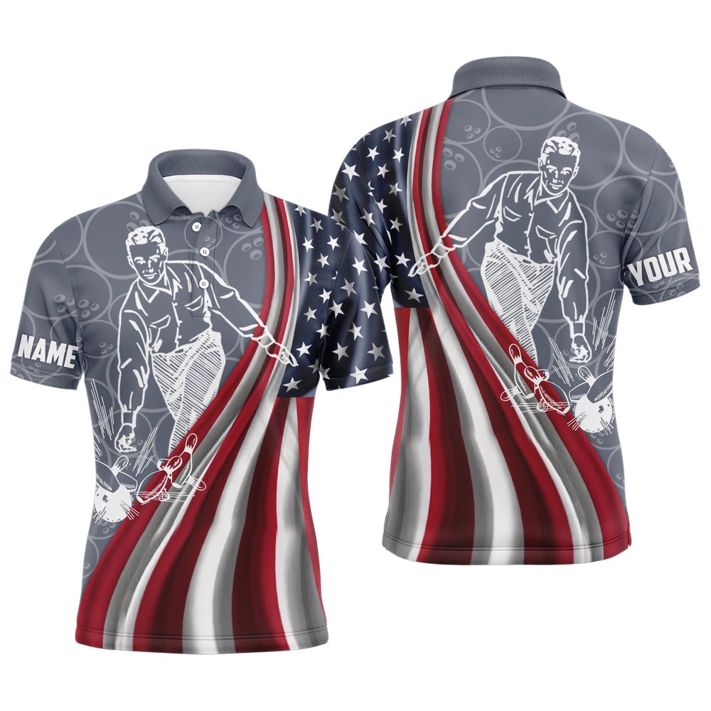 Patriotic Men’s Polo Bowling Shirt, American Flag Custom Name Bowlers Polo Shirt Short Sleeve, Personalized Bowling Team Shirt