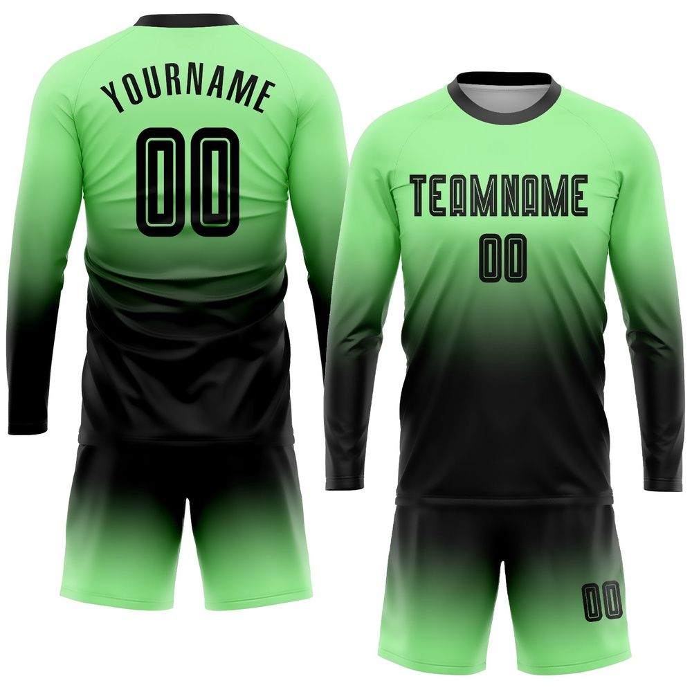 Pea Green Black Sublimation Long Sleeve Fade Fashion Soccer Uniform Jersey, Custom Team Soccer Jersey Shirt Pea Green Black Sublimation Long Sleeve Fade Fashion Soccer Uniform Jersey, Custom Team Soccer Jersey Shirt