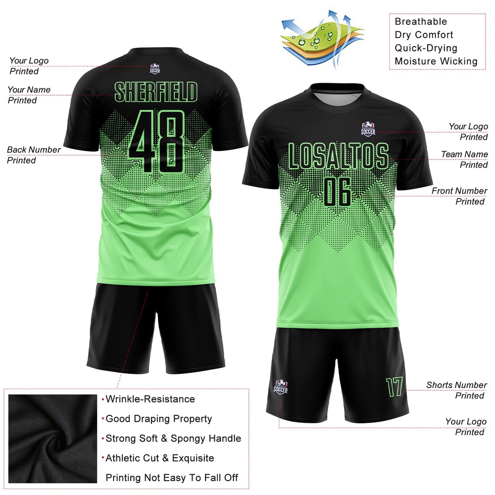 Pea Green Black Sublimation Soccer Uniform Jersey, Custom Team Soccer Jersey Shirt