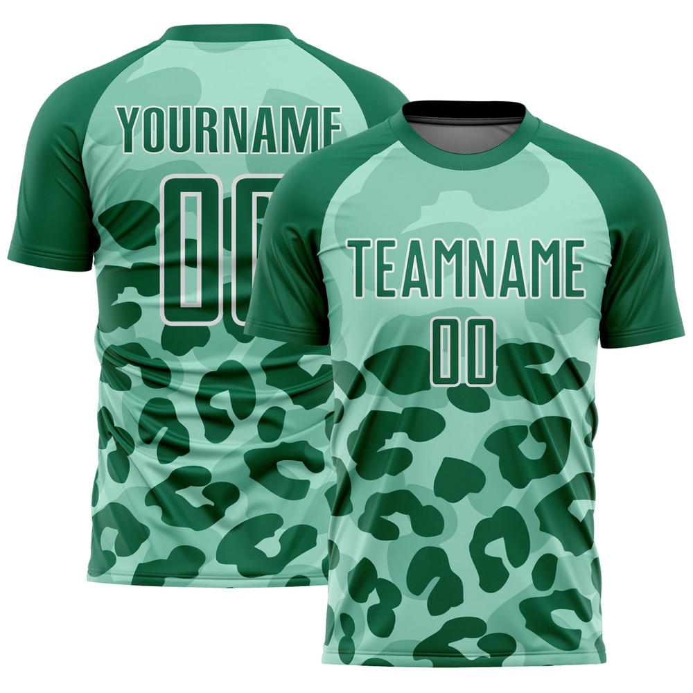 Pea Green Kelly Green White Animal Print Sublimation Soccer Uniform Jersey, Custom Team Soccer Jersey Shirt Pea Green Kelly Green White Animal Print Sublimation Soccer Uniform Jersey, Custom Team Soccer Jersey Shirt