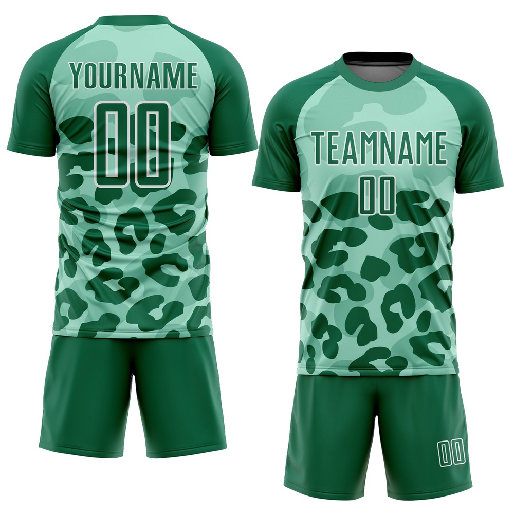Pea Green Kelly Green White Animal Print Sublimation Soccer Uniform Jersey, Custom Team Soccer Jersey Shirt Pea Green Kelly Green White Animal Print Sublimation Soccer Uniform Jersey, Custom Team Soccer Jersey Shirt