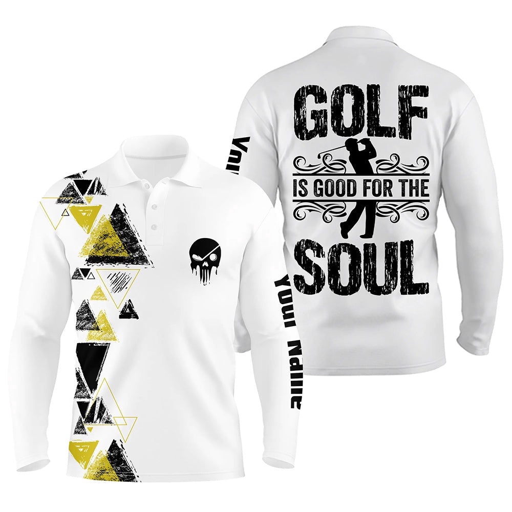 Personalized Black Yellow Triangle Custom White Men’s Golf Polo Shirts Golf Is Good For The Soul, Golf Polo Shirt, Golf Shirts
