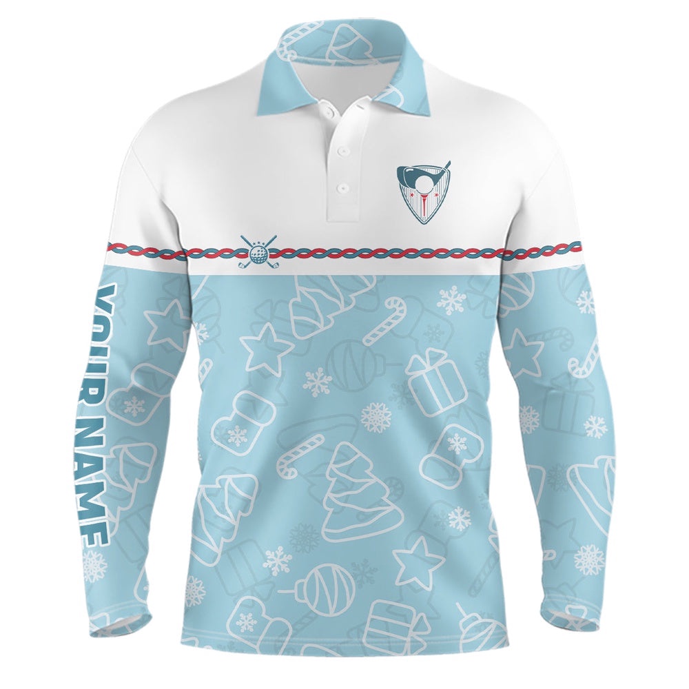 Personalized Blue Christmas Golf Men’s Polo Shirt Custom Winter Xmas Pattern Cool Golf Shirts For Men, Golf Polo Shirt, Golf Shirts
