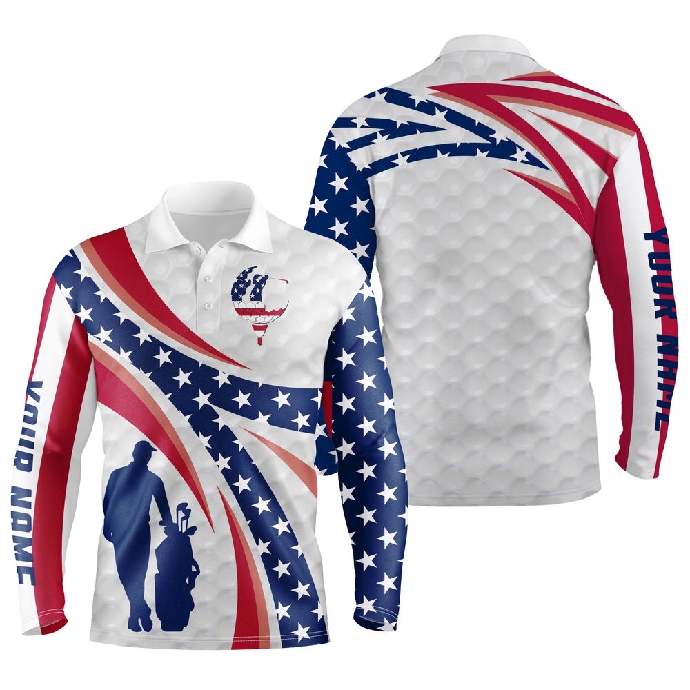 Personalized Golf Polo Shirts American Flag White Custom Name Men’s Long Sleeve Golf Tops, Golfing Gift, Golf Polo Shirt, Golf Shirts