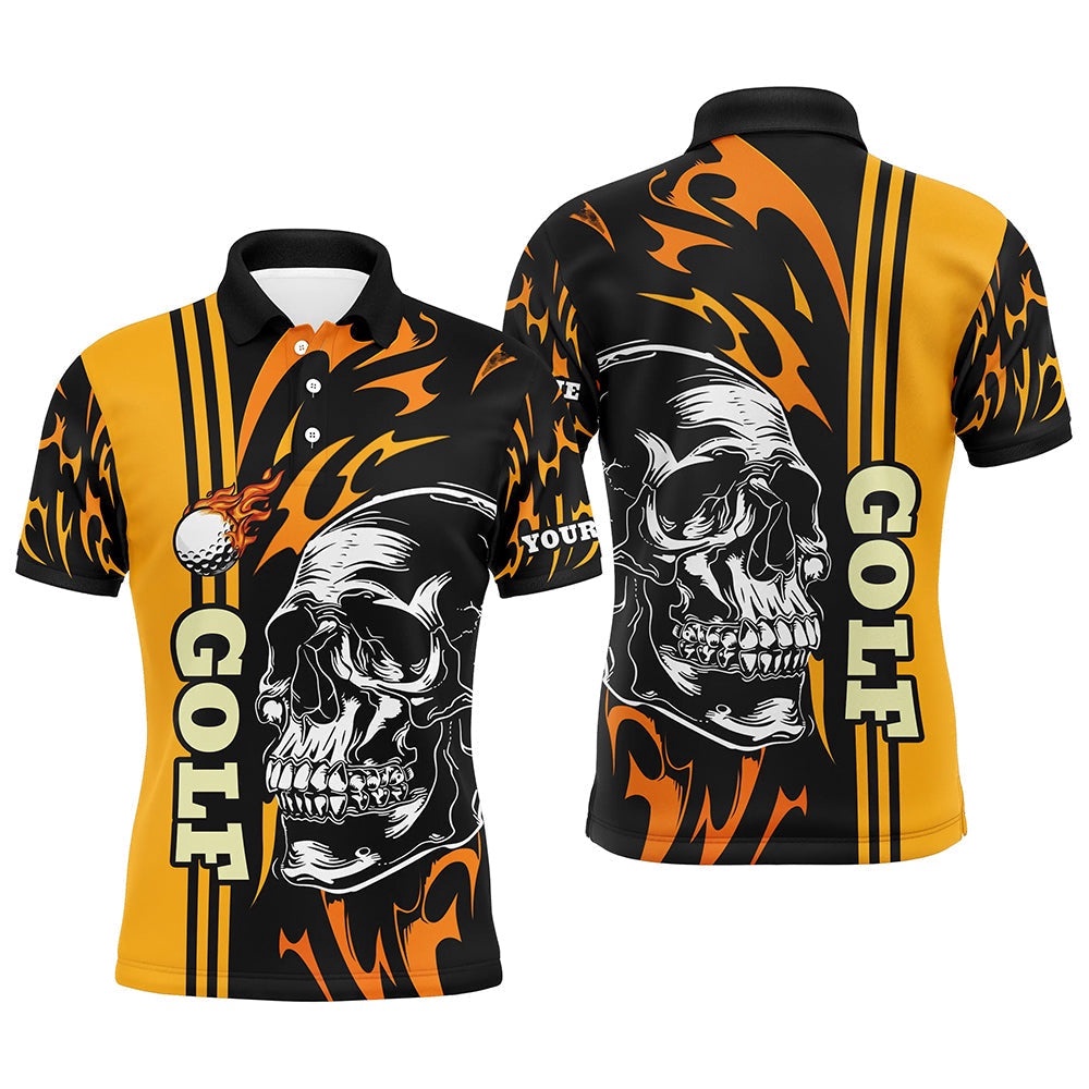 Personalized Men’s Golf Polo Shirts Custom Black And Yellow Skull Golf Top For Men’s, Golf Polo Shirt, Golf Shirts