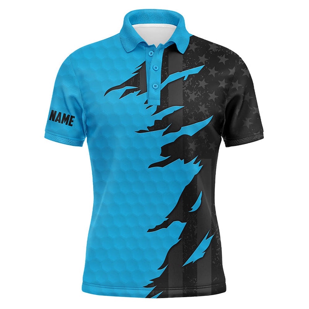 Personalized Men’s Golf Polos Shirts Custom Blue Golf Ball Skin Black American Flag Men’s Golf Apparel, Golf Polo Shirt, Golf Shirts