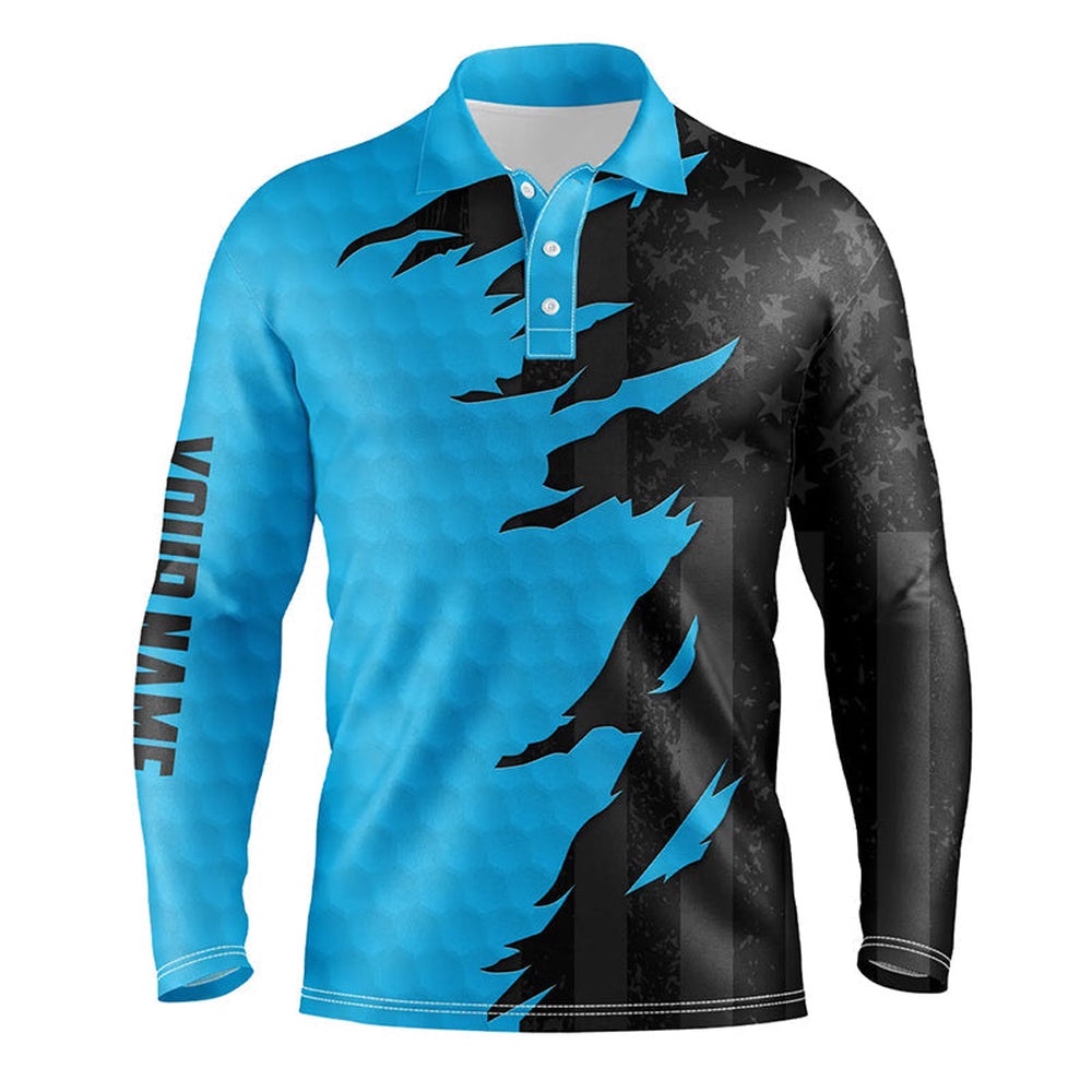 Personalized Men’s Golf Polos Shirts Custom Blue Golf Ball Skin Black American Flag Men’s Golf Apparel, Golf Polo Shirt, Golf Shirts