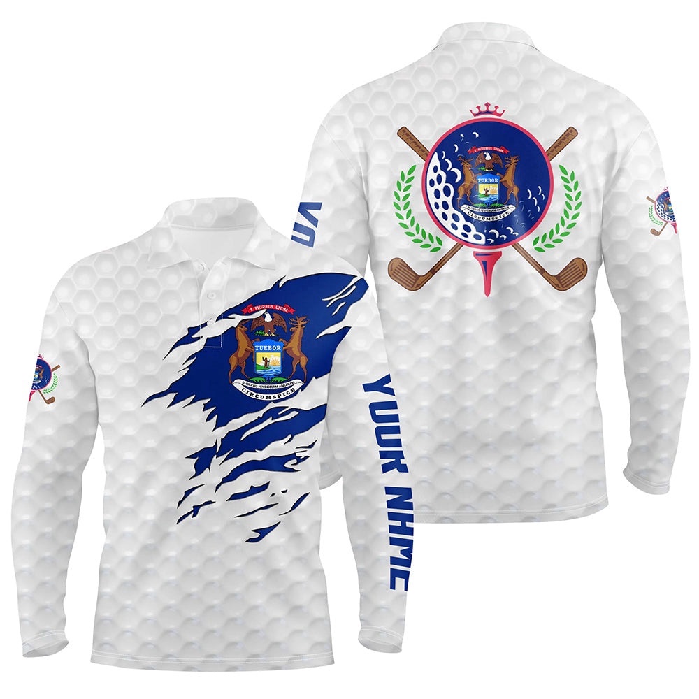 Personalized Michigan Flag Patriot Golf White Men Golf Polo Shirts Custom Name Golf Gifts For Men A, Golf Polo Shirt, Golf Shirts