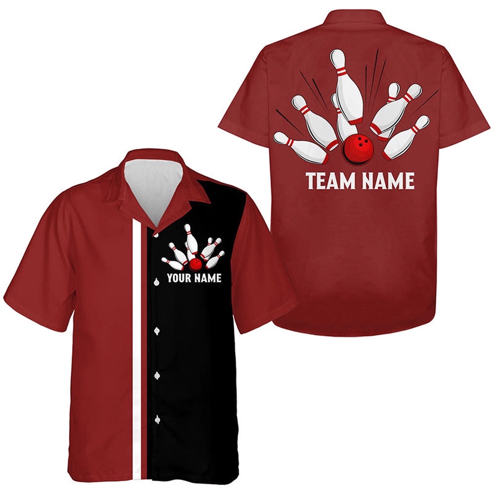 Personalized Red White And Black Retro Bowling Hawaiian Shirts, Custom Team Bowling Hawaiian Shirt