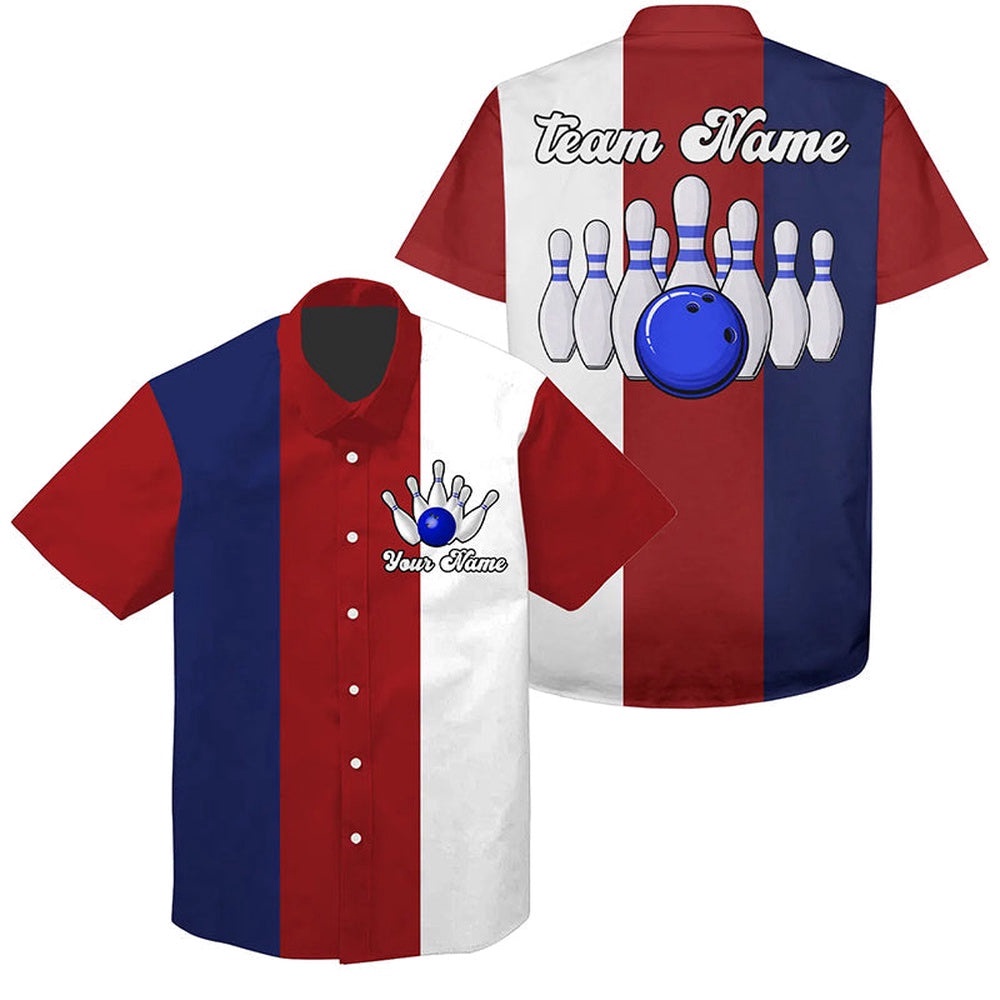 Personalized Red White And Blue Retro Bowling Hawaiian Shirts, Custom Team Bowling Hawaiian Shirt