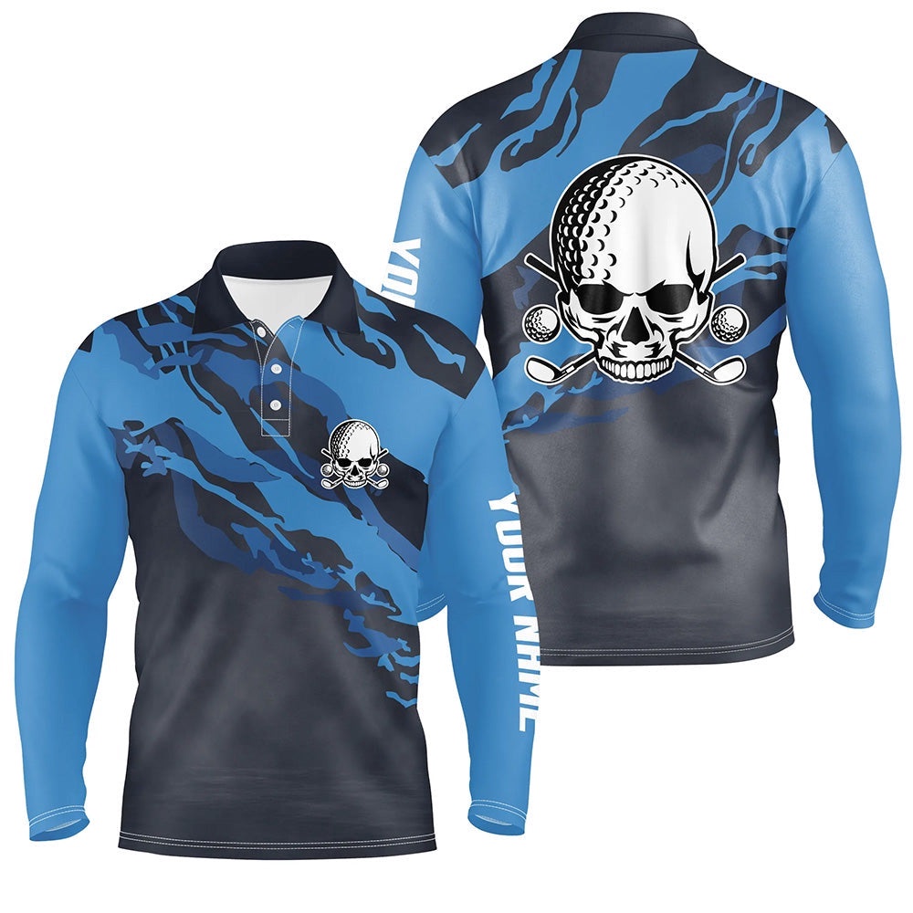 Personalized Skull Dark Blue Men’s Golf Polo Shirt Scary Golf Shirts For Men Funny Golf Gifts, Golf Polo Shirt, Golf Shirts