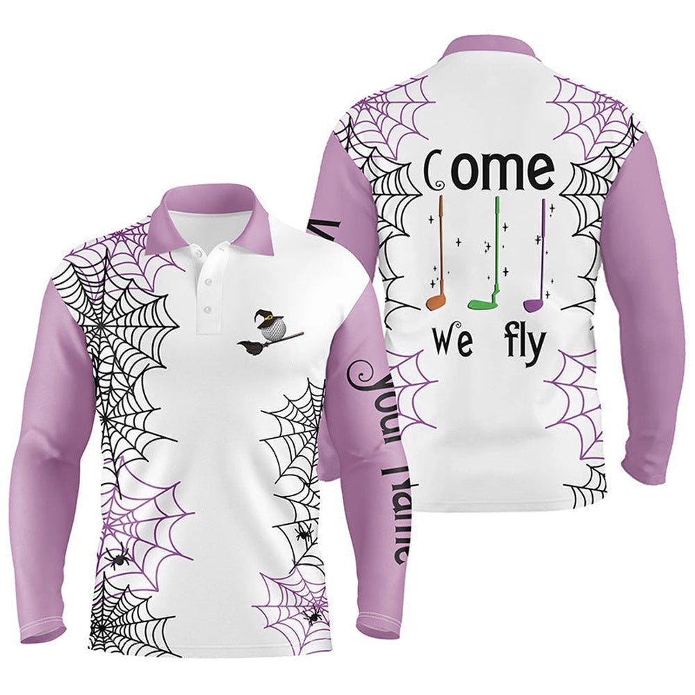 Personalized Spider Web Halloween Men’s Golf Polo Shirts Come We Fly Golf Clubs Polo Shirts Purple, Golf Polo Shirt, Golf Shirts