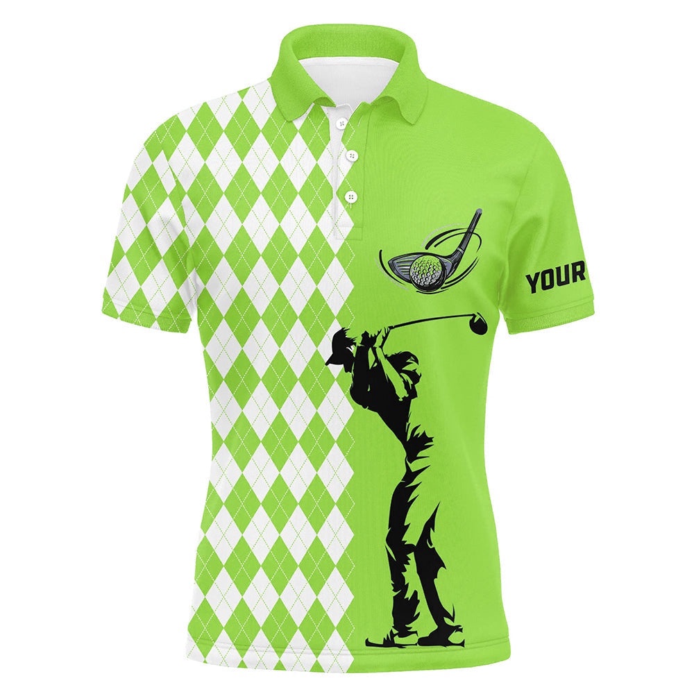 Personalized White Argyle Plaid Pattern Men’s Custom Green Golf Tops For Men’s, Golf Polo Shirt, Golf Shirts