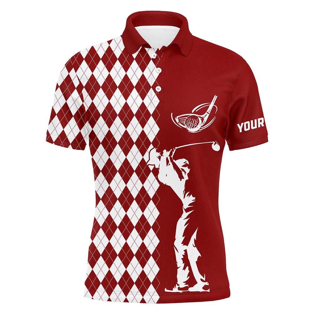 Personalized White Argyle Plaid Pattern Men’s Custom Red Golf Tops For Men’s, Golf Polo Shirt, Golf Shirts