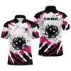 Pink And Black Custom Long Sleeve Bowling Shirts For Men, Skull Bowling Polo Shirt Bowling Uniform, Personalized Bowling Team Shirt